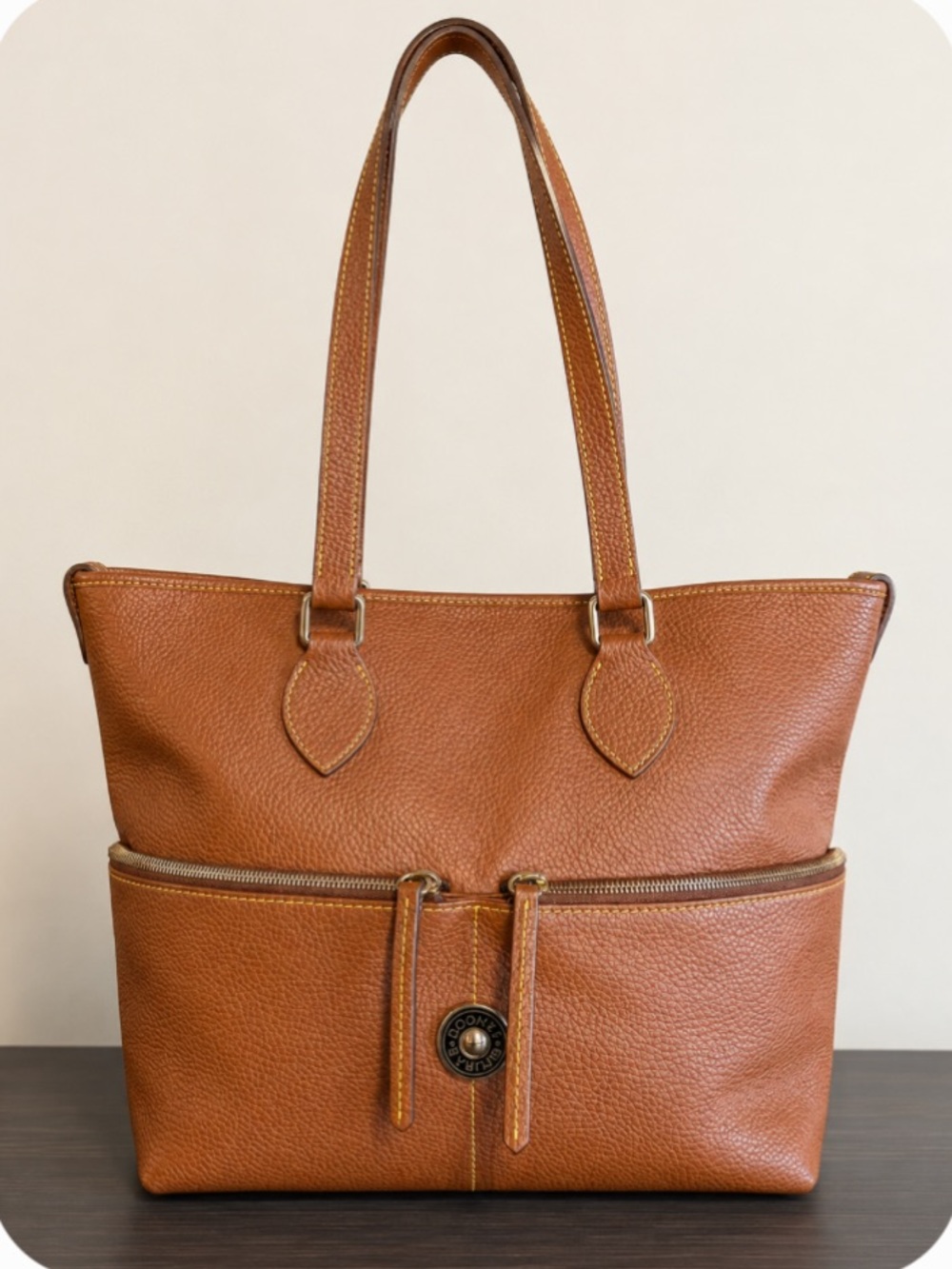Dooney & Bourke Dillon Double Pocket Leather Tote Bag in Cognac Brown